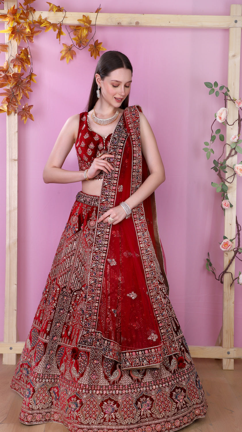 Mahroon Velvet Lehenga