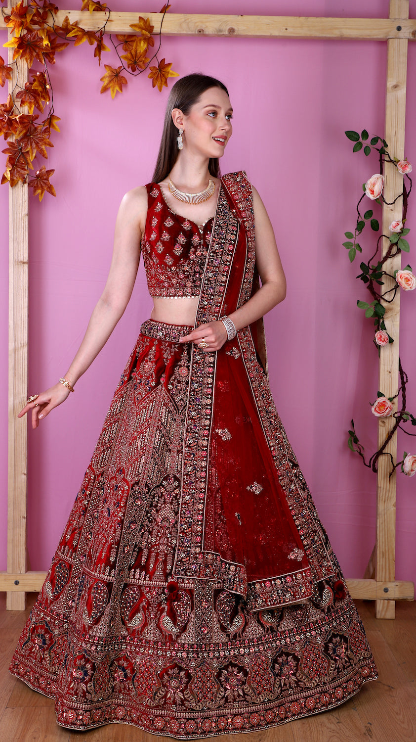 Mahroon Velvet Lehenga