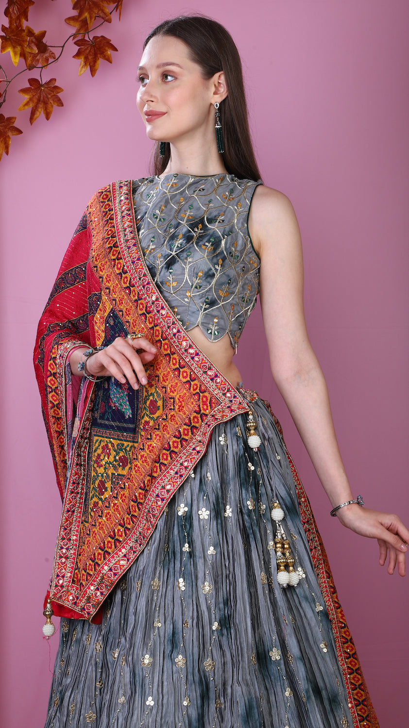 Grey Lehenga with multicolor dupatta