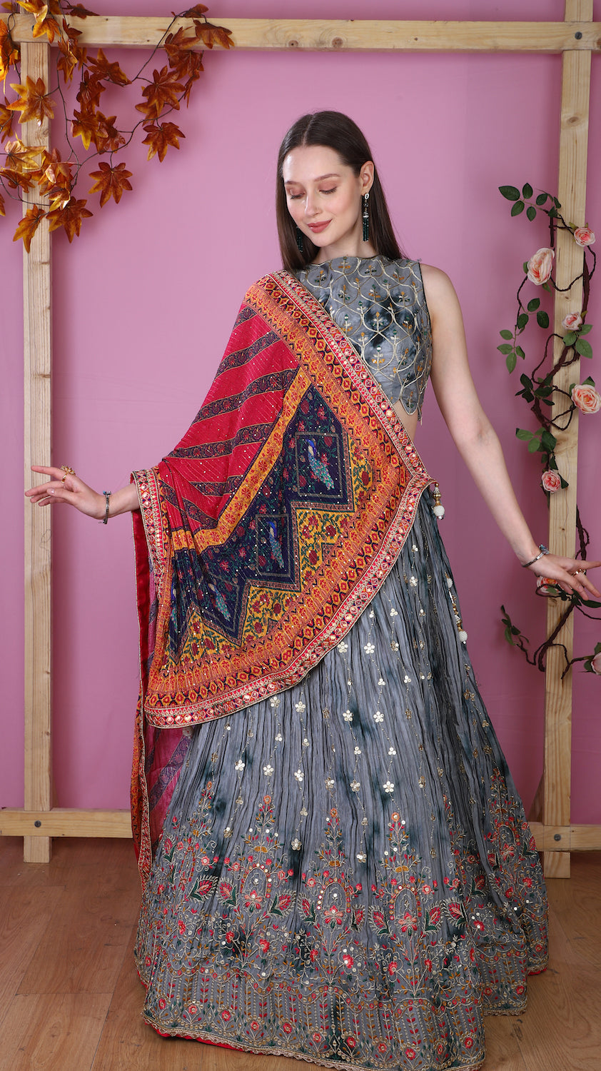 Grey Lehenga with multicolor dupatta