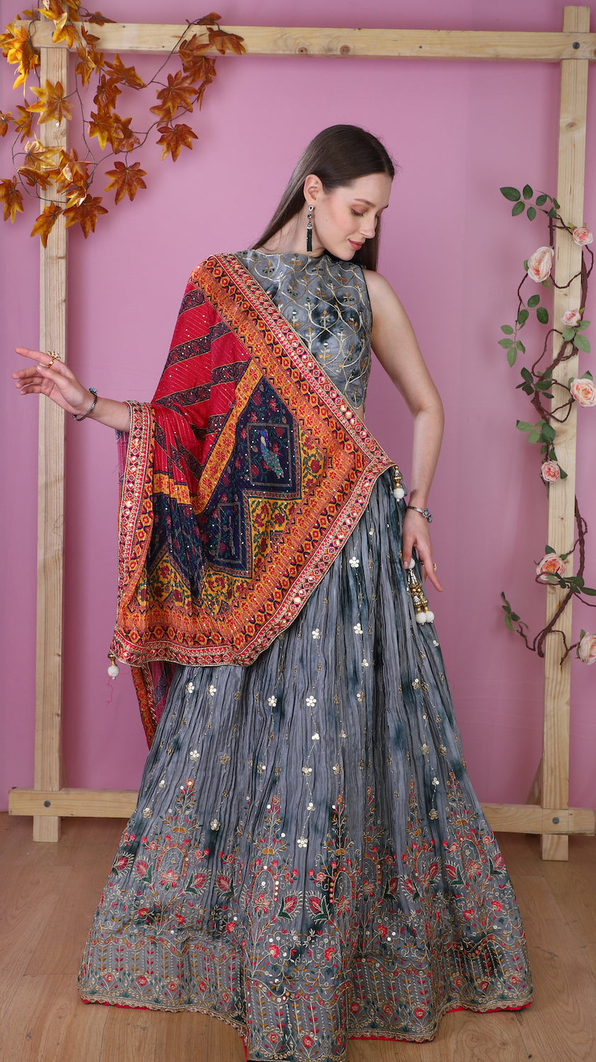 Grey Lehenga with multicolor dupatta