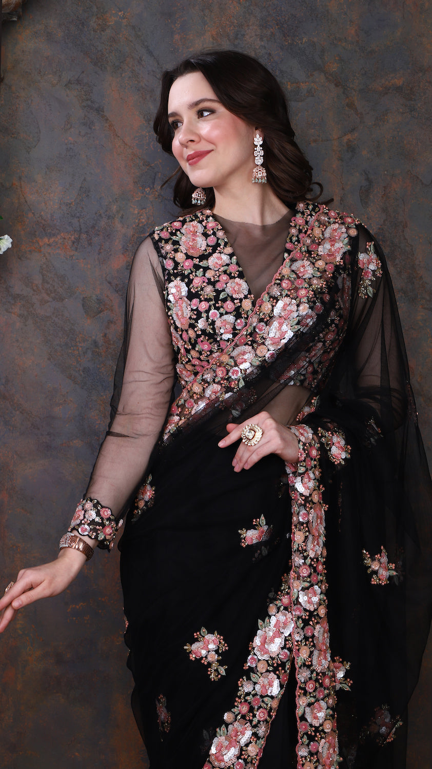 Black Net Saree