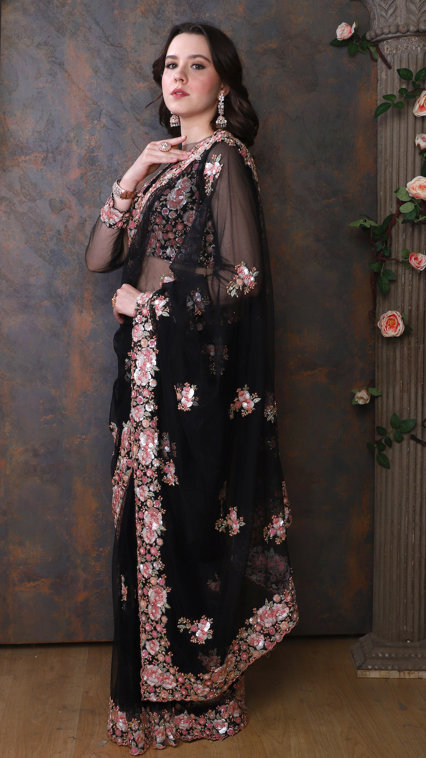 Black Net Saree