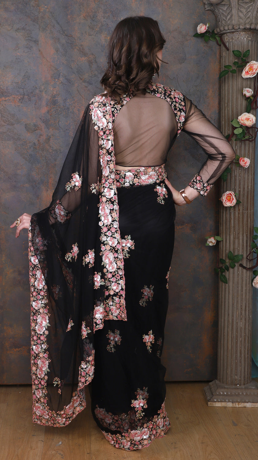 Black Net Saree