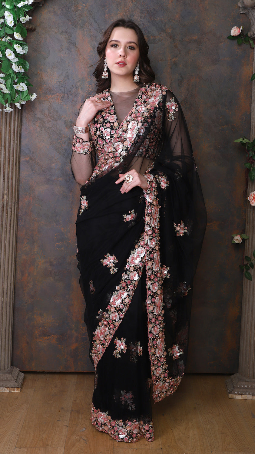Black Net Saree