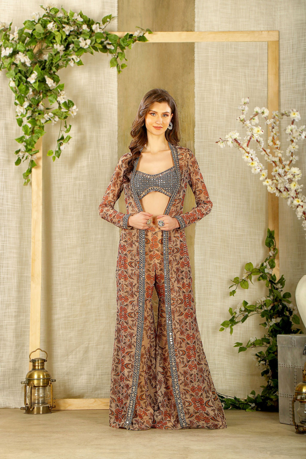 Embroidered mirror Top with Printed Plazo and Jacket