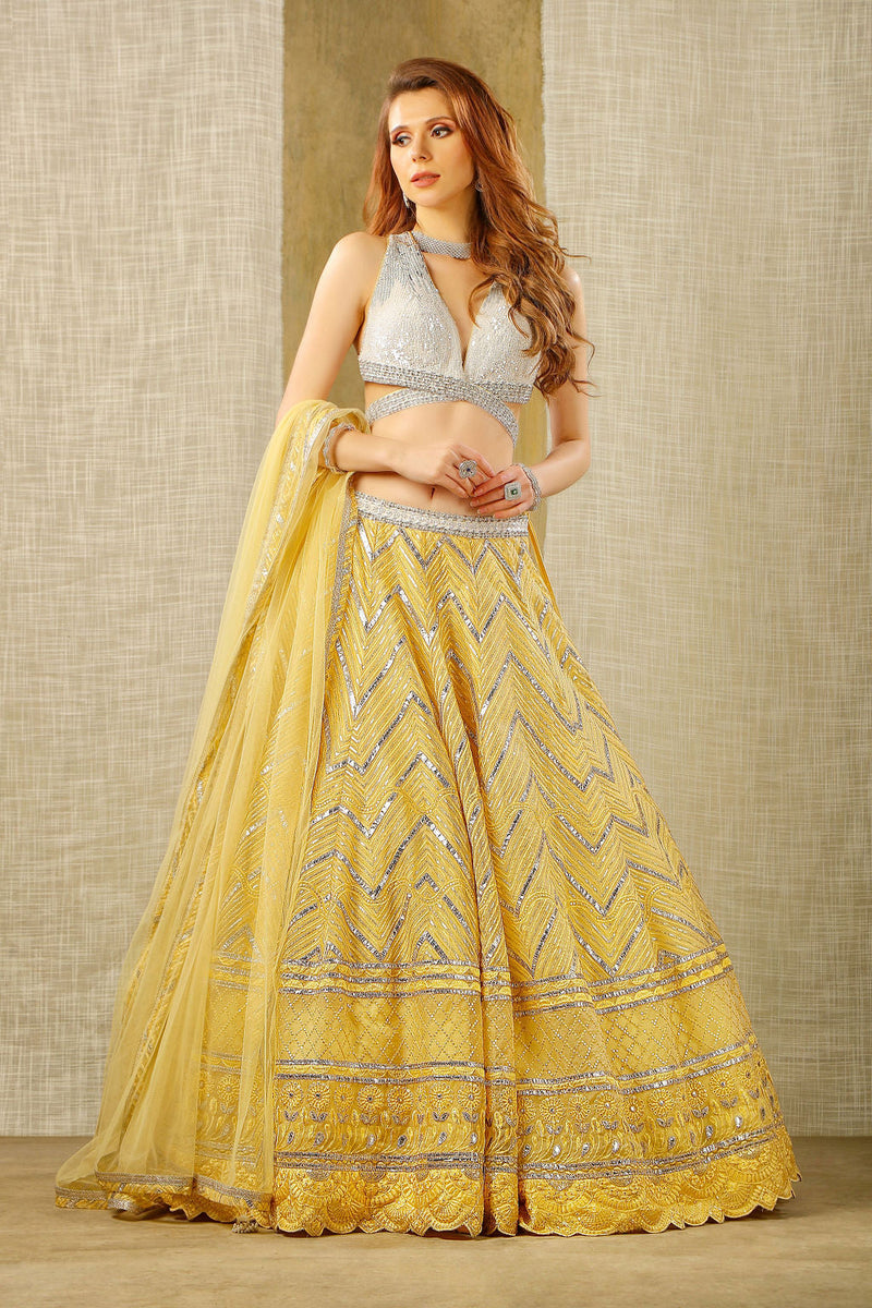 Stylish Top with yellow embroidered Skirt and dupatta