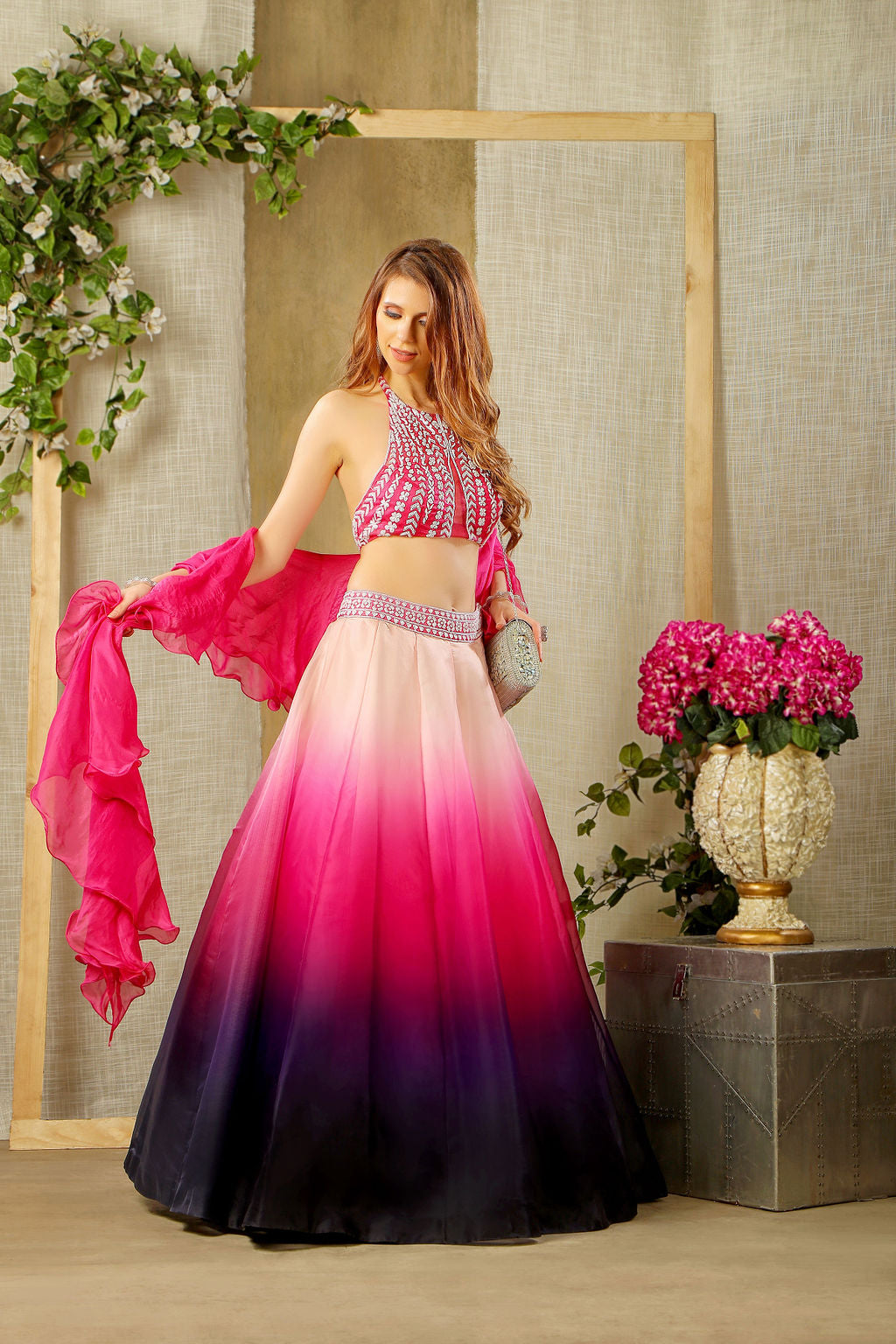 Embroidered top with Ombre skirt and scarf