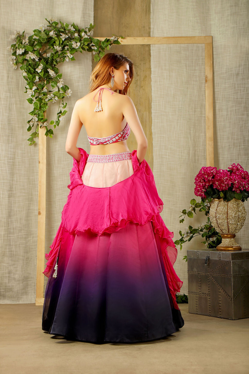Embroidered top with Ombre skirt and scarf