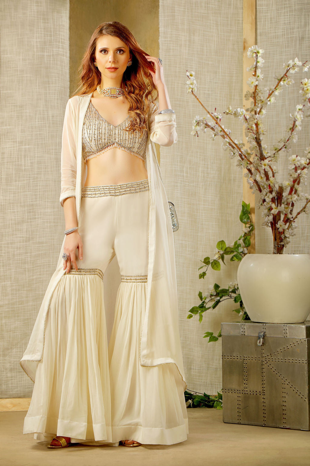 Embroidered top with Jacket and sharara