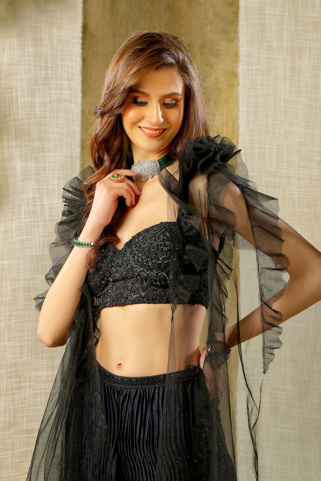 Embroidered Top with Crinkled skirt