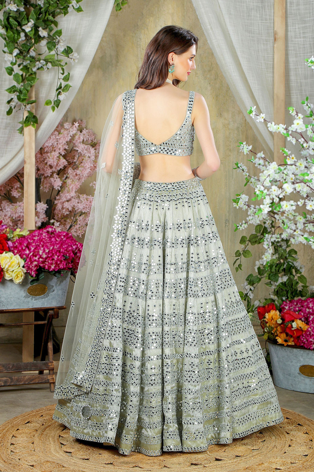 Grey mirror embroidered top and skirt with matching scarf