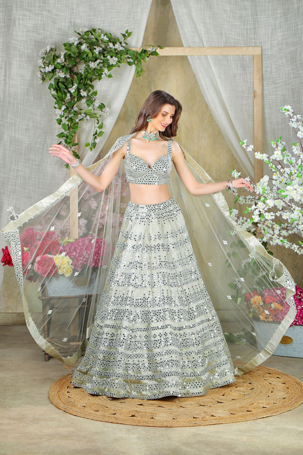 Grey mirror embroidered top and skirt with matching scarf