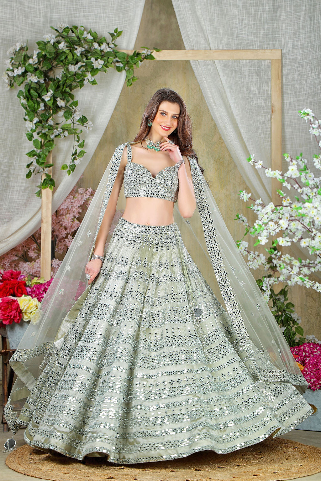 Grey mirror embroidered top and skirt with matching scarf