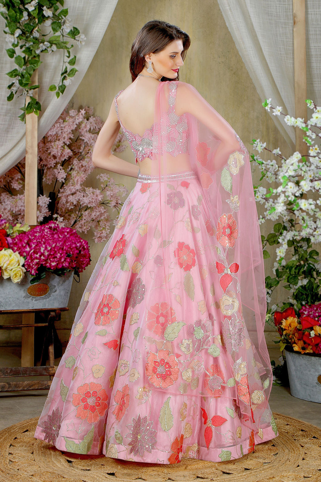 Pink embroidered top with skirt and stylish Dupatta