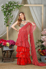 Red Printed Ruffle Saree with mirror embroidered Blouse