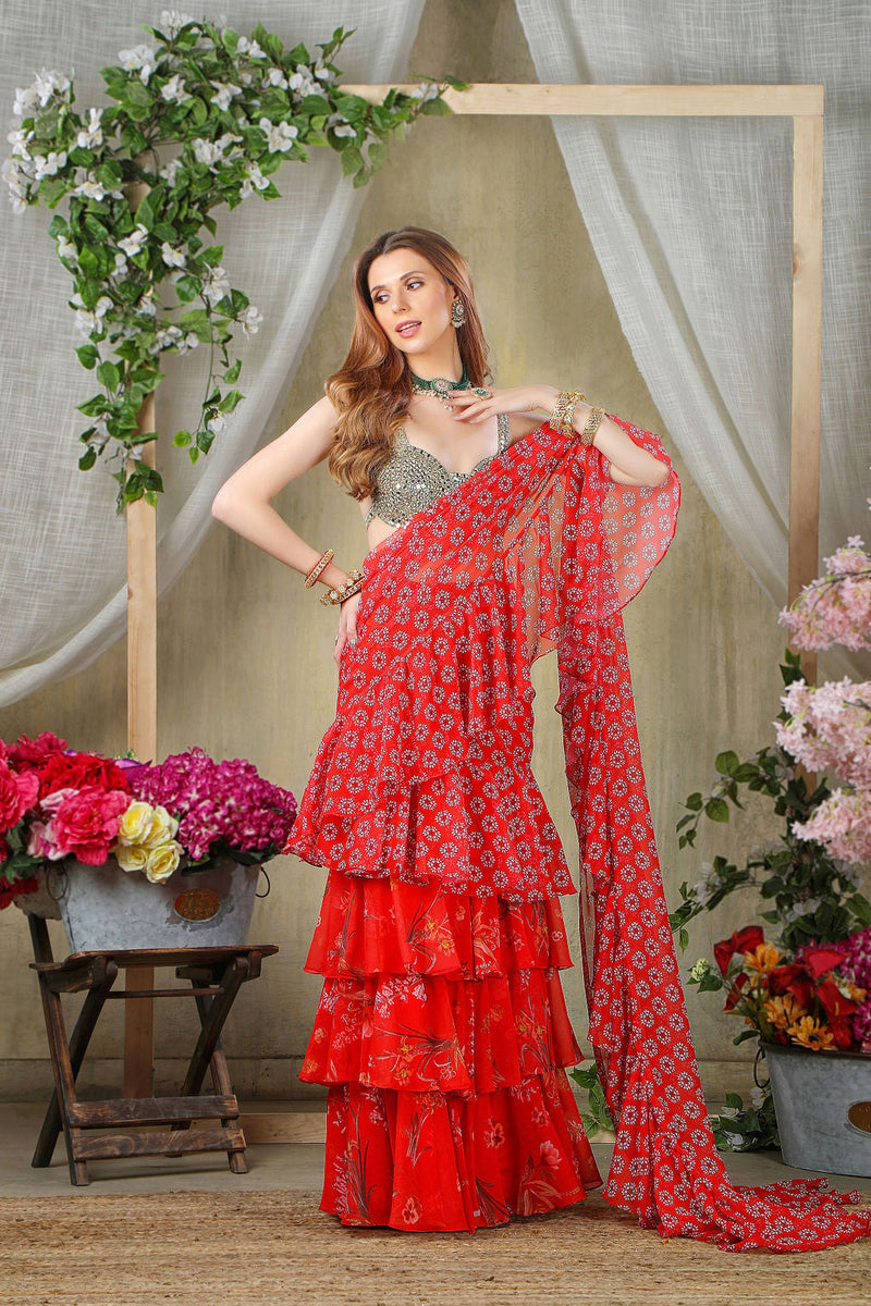 Red Printed Ruffle Saree with mirror embroidered Blouse