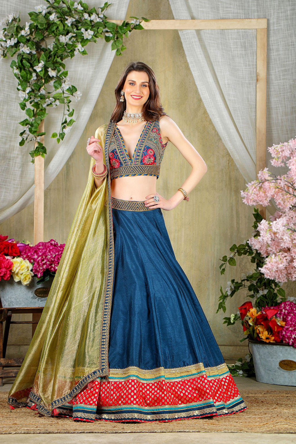 Peacock color thread embroidered Top with matching Skirt