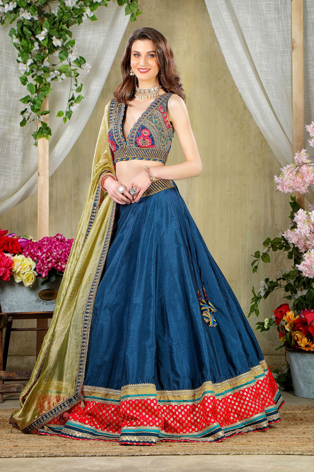 Peacock color thread embroidered Top with matching Skirt