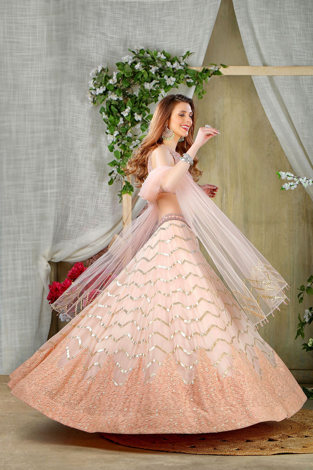 Stylish Peach embroidered blouse with skirt and scarf