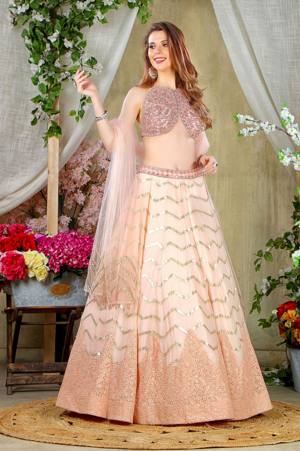 Stylish Peach embroidered blouse with skirt and scarf