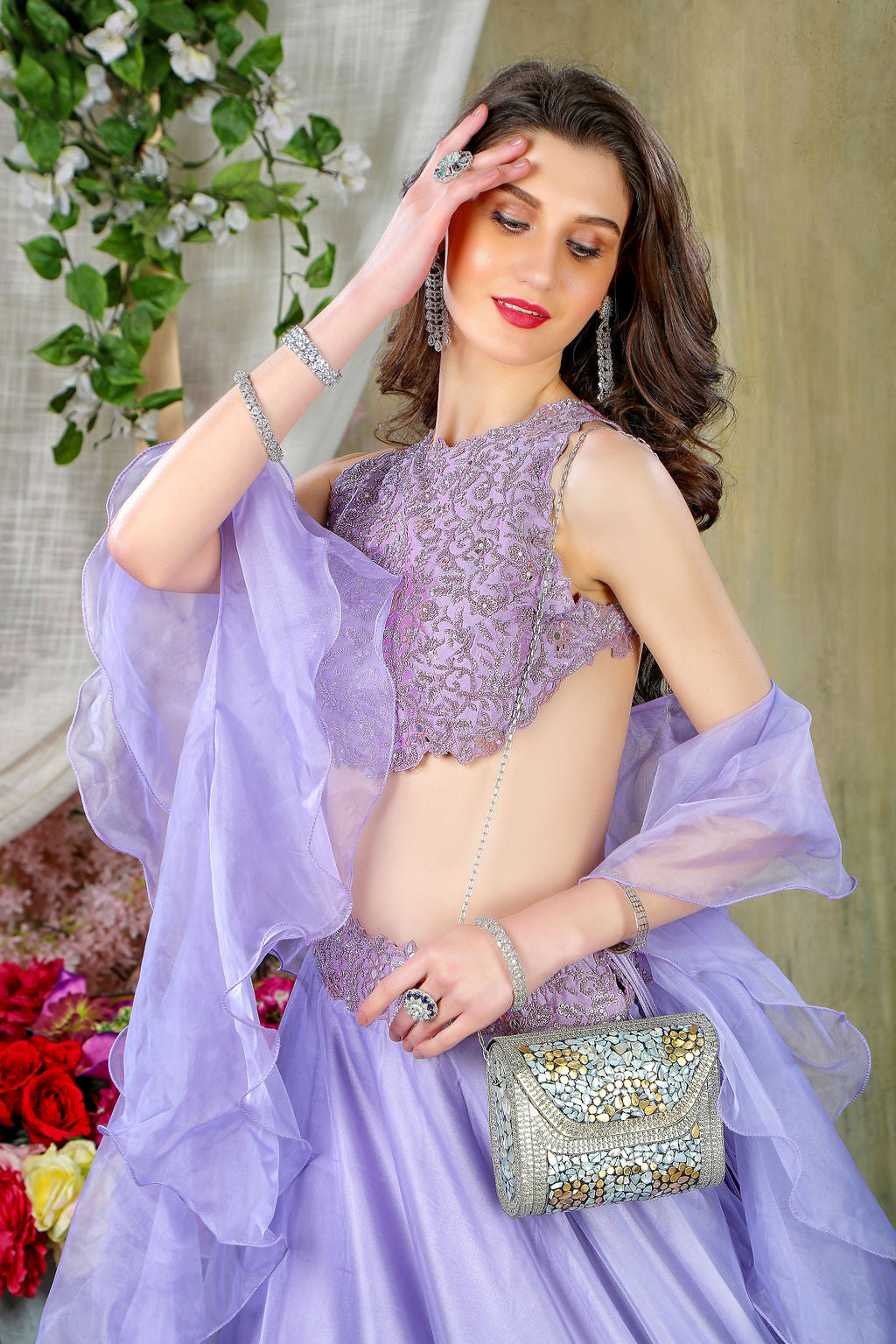 Stylish Mauve embroidered blouse with skirt and scarf