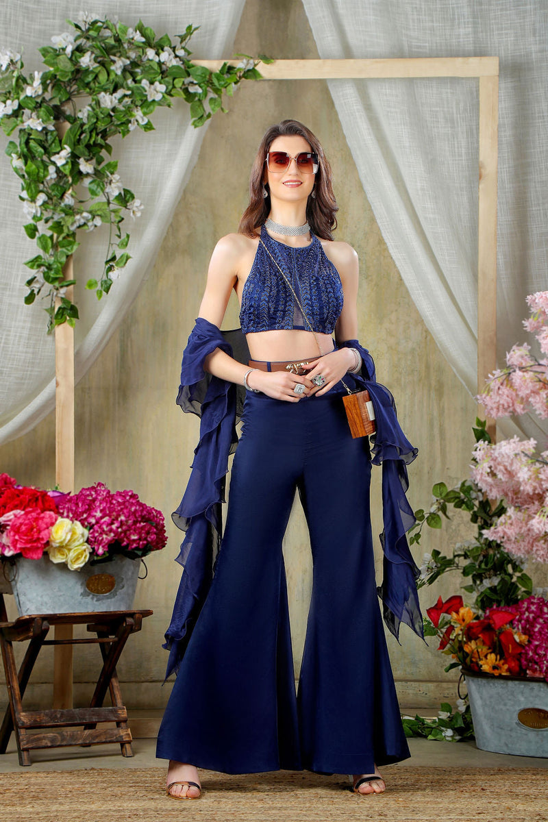 Navy Embroidered Top with Wide Pants