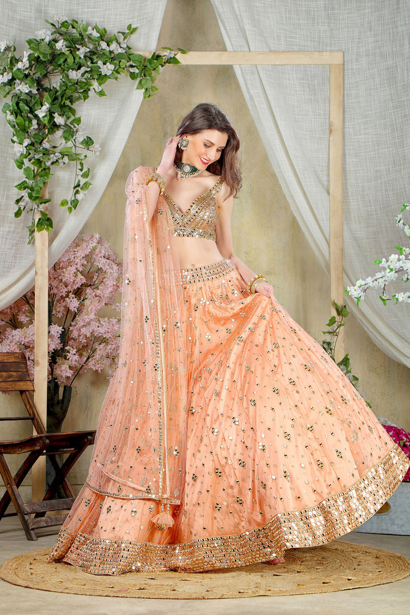 Peach mirror Embroidered blouse with embroidered skirt and dupatta