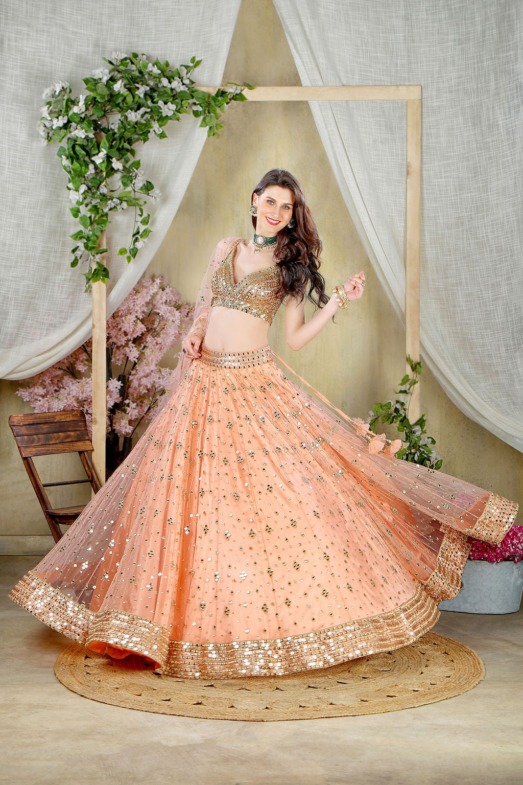 Peach mirror Embroidered blouse with embroidered skirt and dupatta
