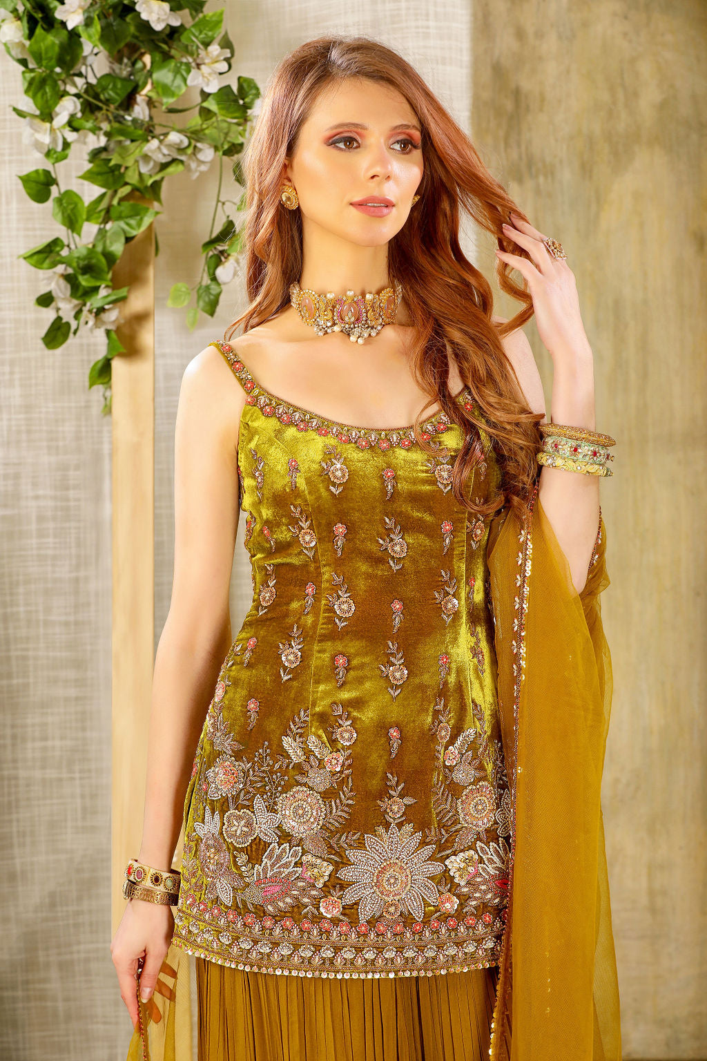 Dark Golden Velvet Kameez Sharara