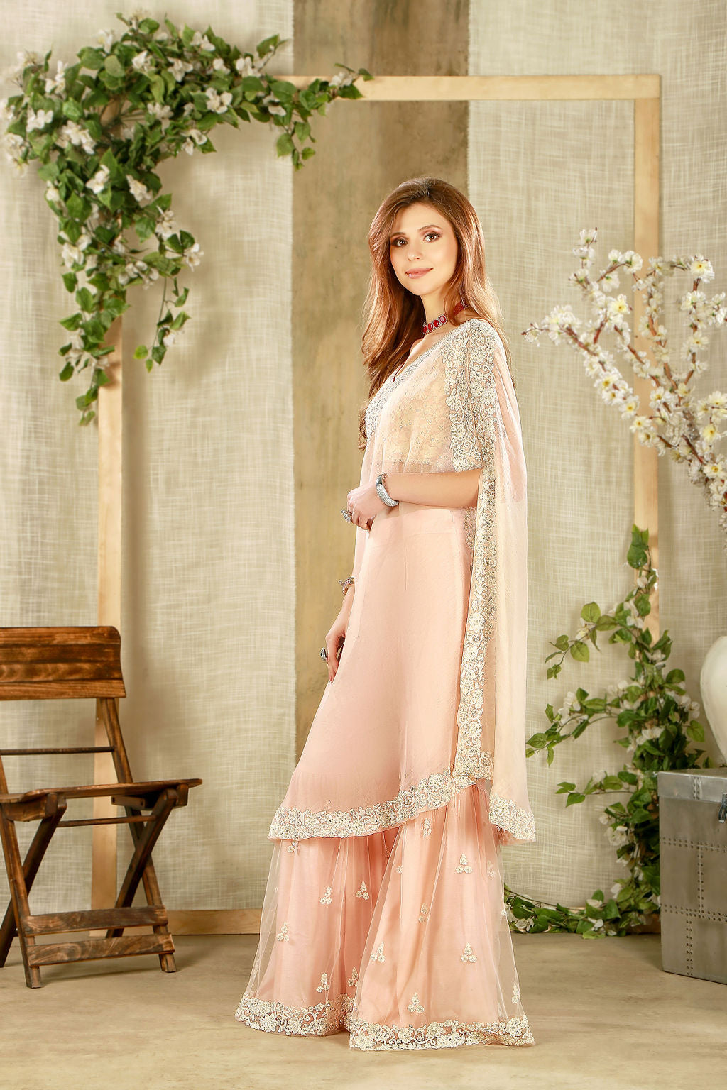 Embroidered light pink Top with matching embroidered sharara and cape