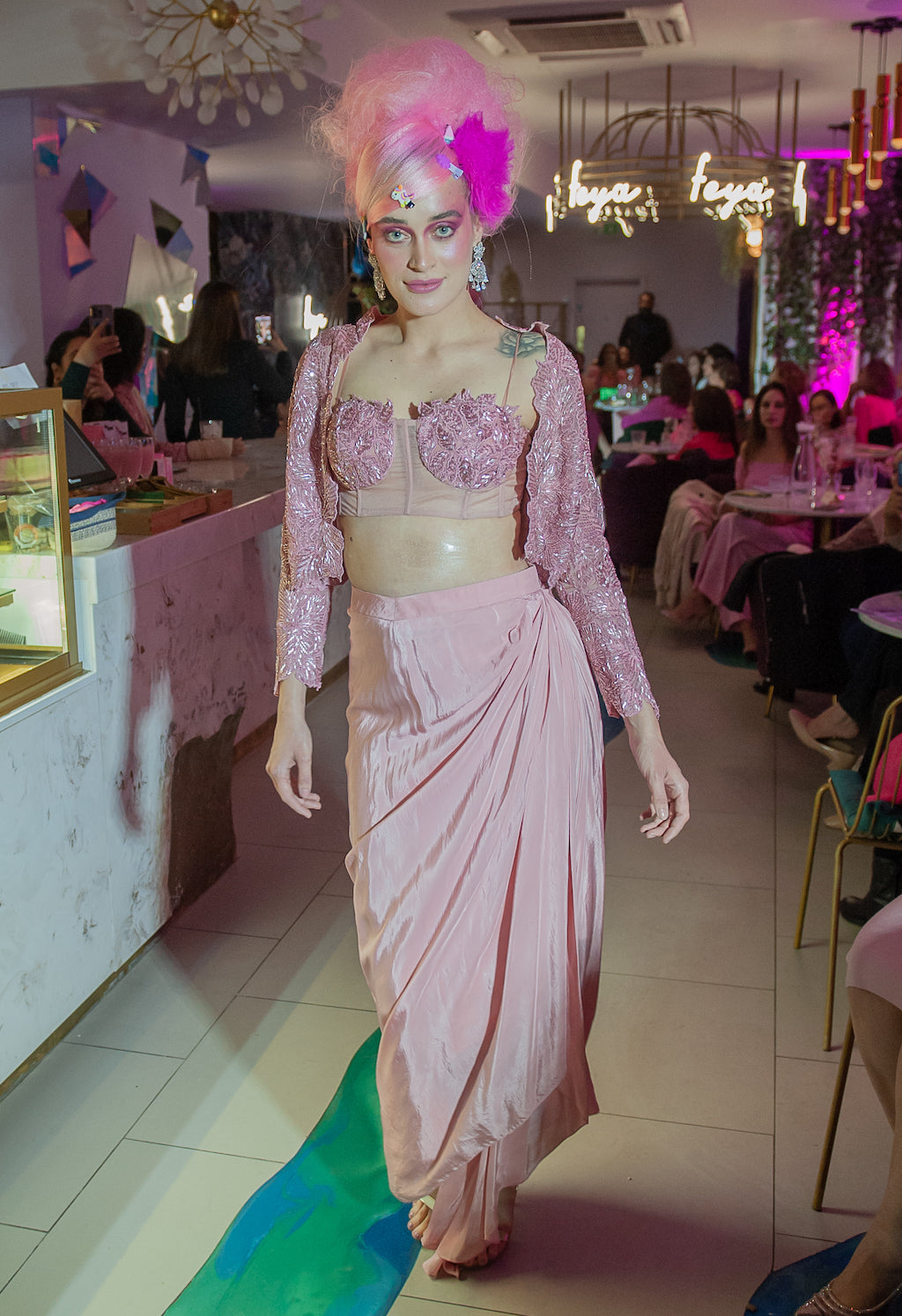 Pink top and jacket with drape skirt