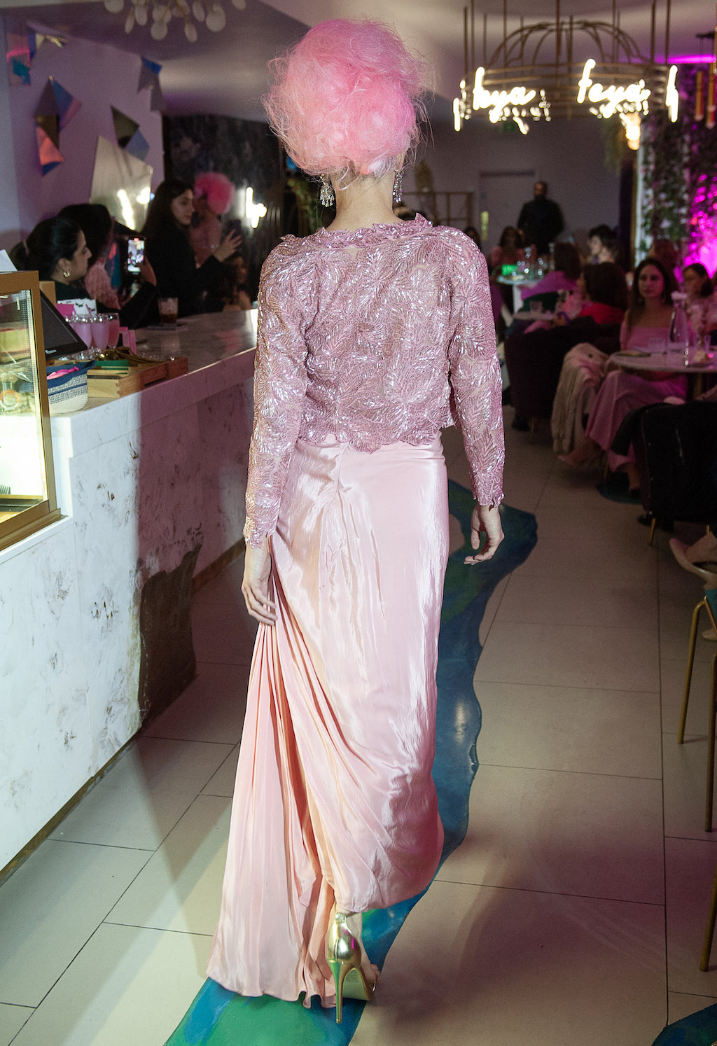 Pink top and jacket with drape skirt
