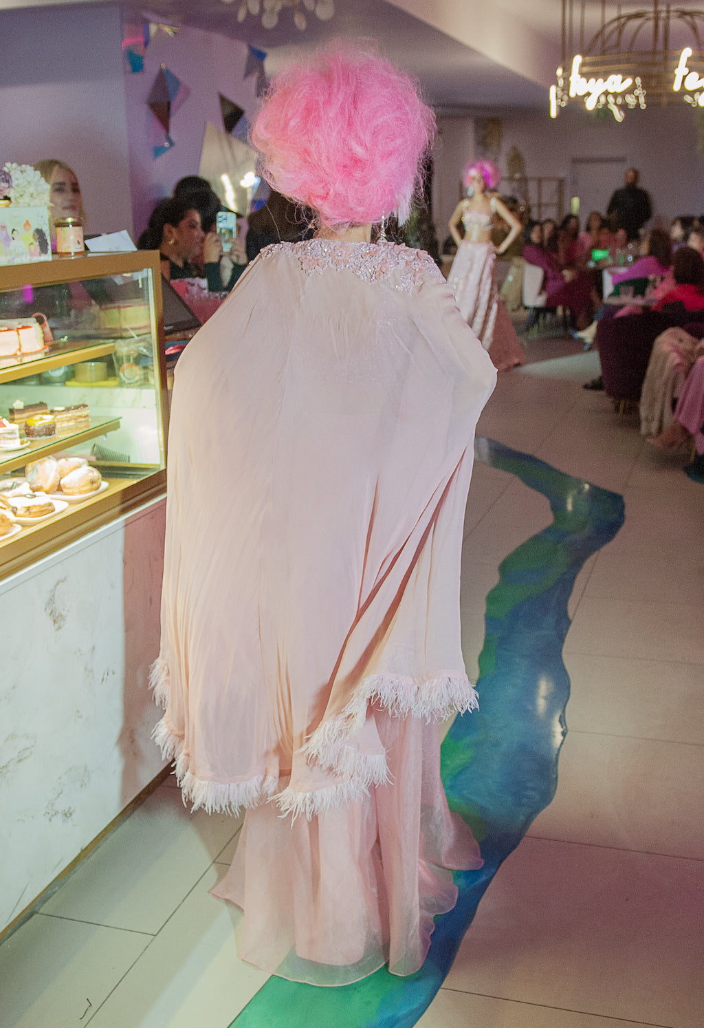 Pink embroidered top with plazo and cape