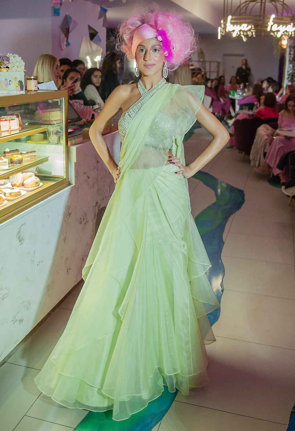 Mint halter embroidered top with drape saree