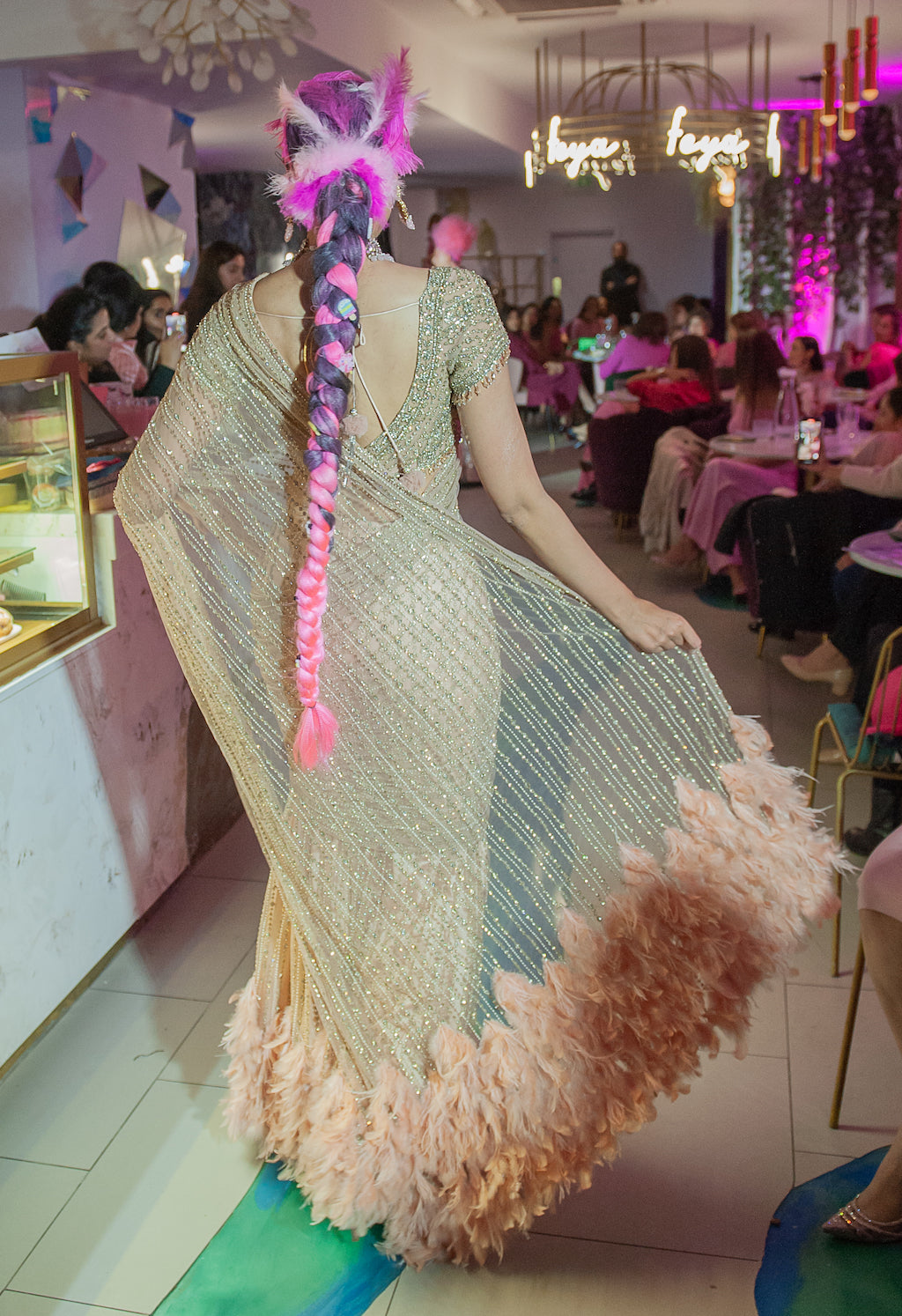 Nude Embroidered sarre with feathers