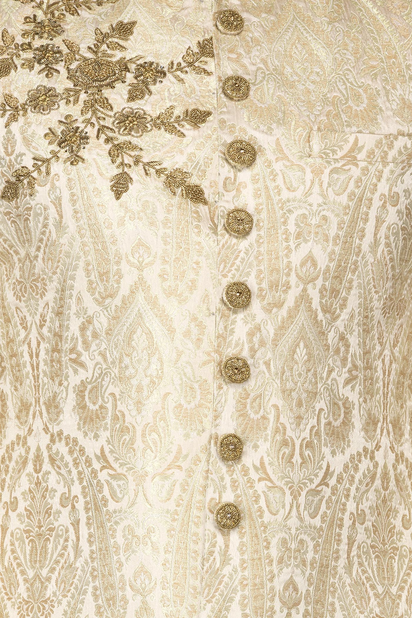Ivory Gold Brocade Sherwani With Gold Dabka Embroidery Paired With Gold Chudidar