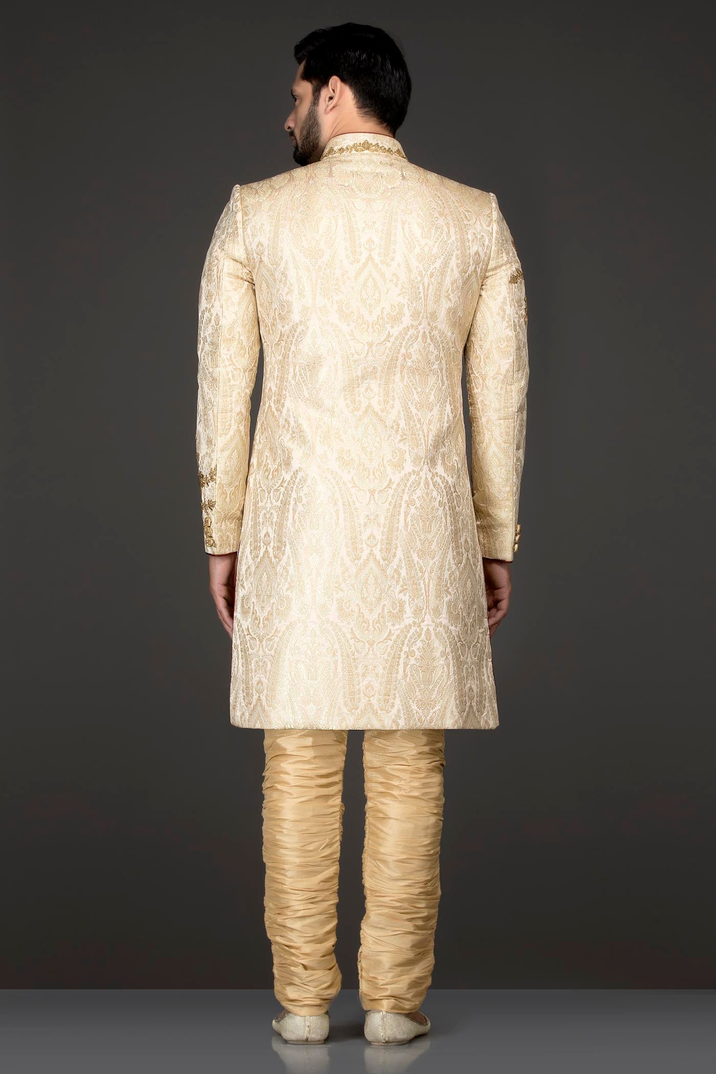 Ivory Gold Brocade Sherwani With Gold Dabka Embroidery Paired With Gold Chudidar
