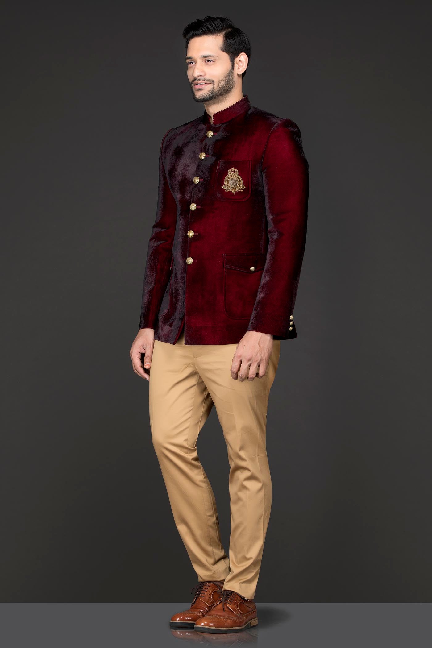 Maroon Velvet Cocktail Jacket/Band Gala Paired With Gold English Trousers