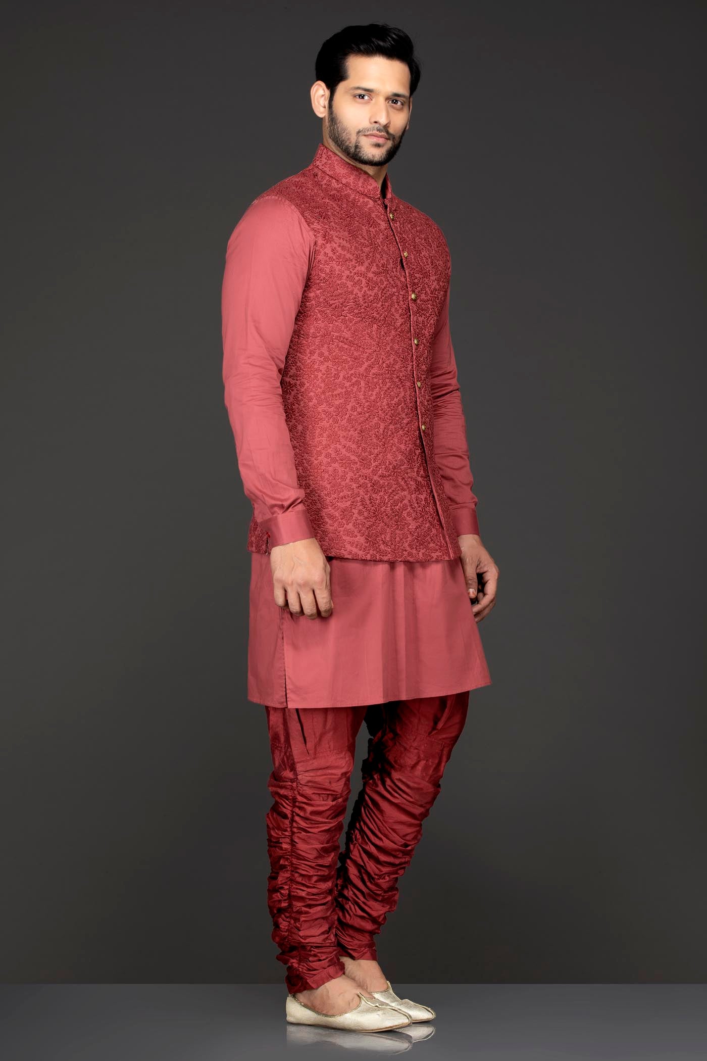 Rust Colour Kurta Chudidar And Short Nehru Jacket/Bundi