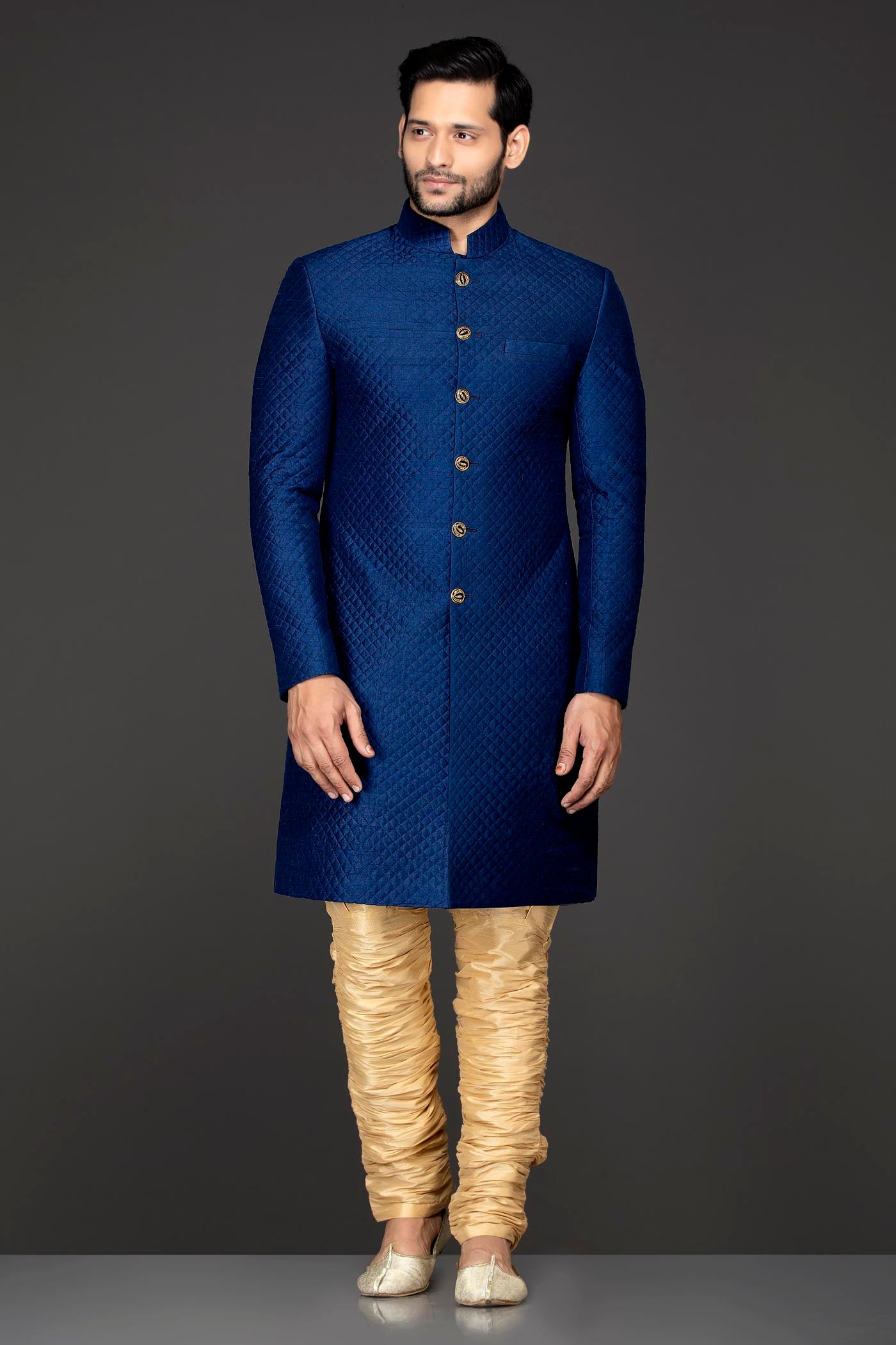 Royal Blue Quilted Sherwani Paired With Gold Chudidar Bottoms