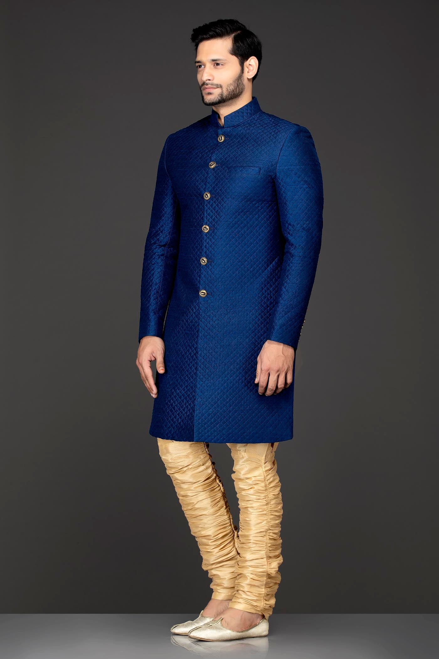 Royal Blue Quilted Sherwani Paired With Gold Chudidar Bottoms