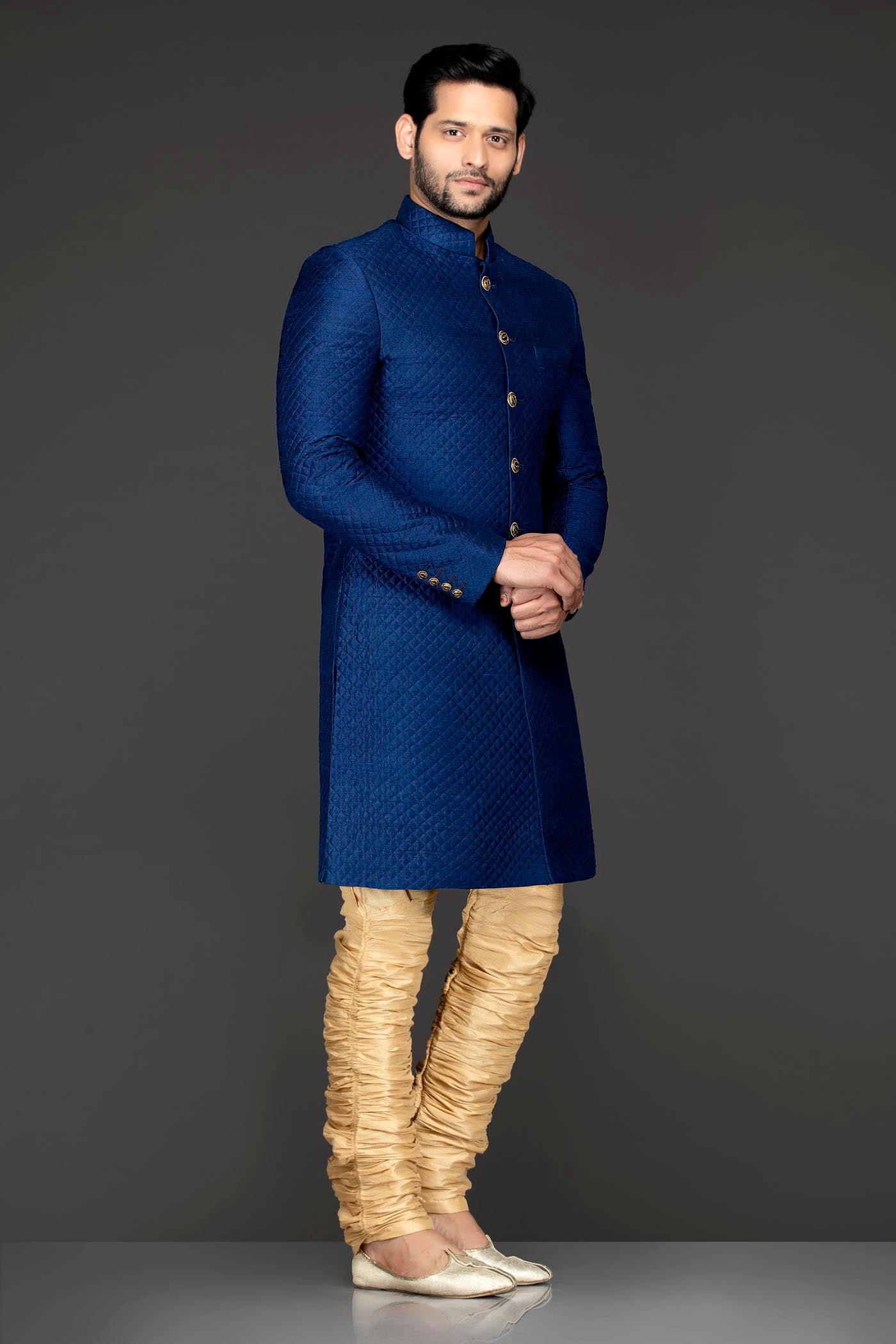 Royal Blue Quilted Sherwani Paired With Gold Chudidar Bottoms
