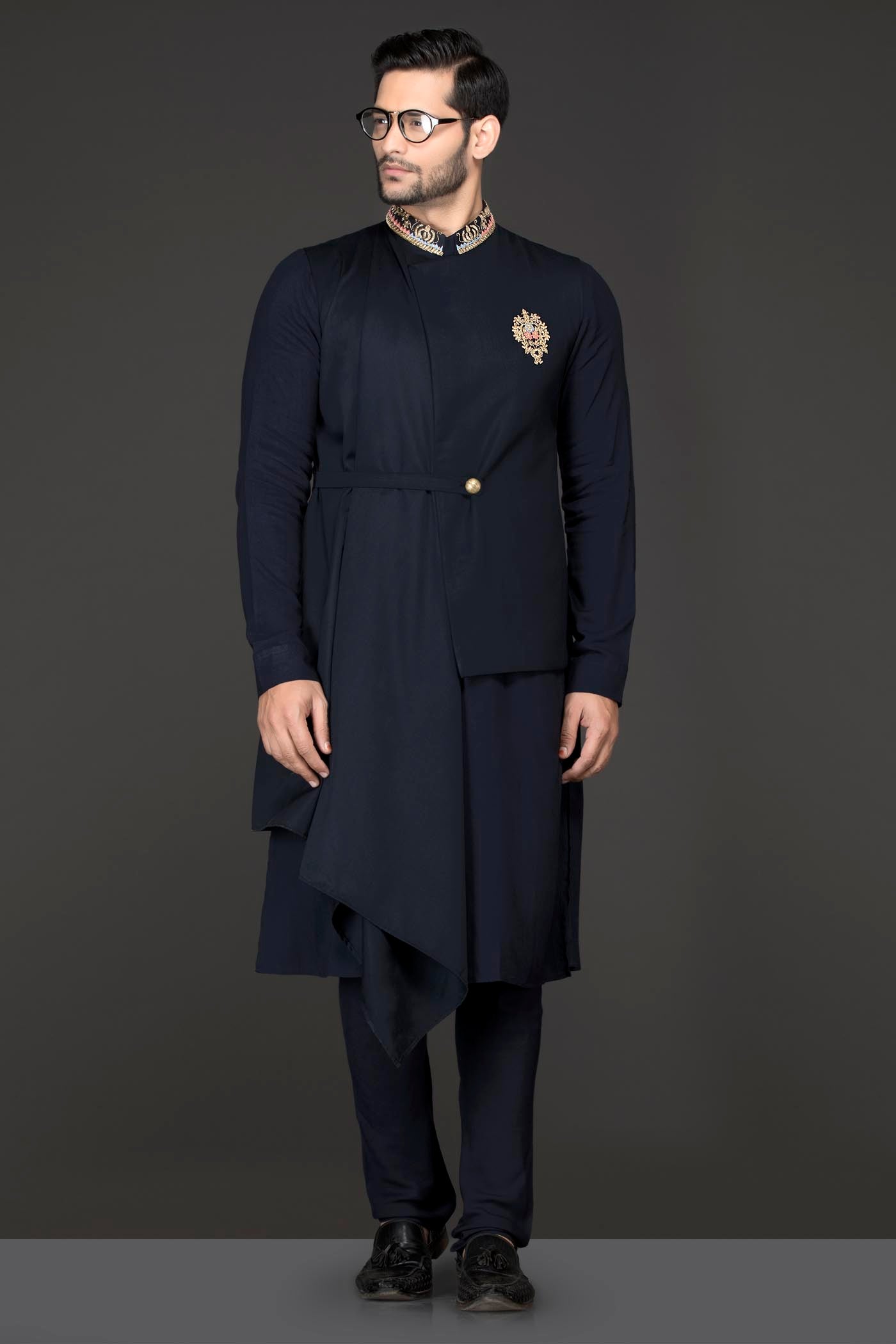 Navy Blue Indowestern Kurta And Bandi With Attached Shoulder Drape Paired With Ethnic Trousers