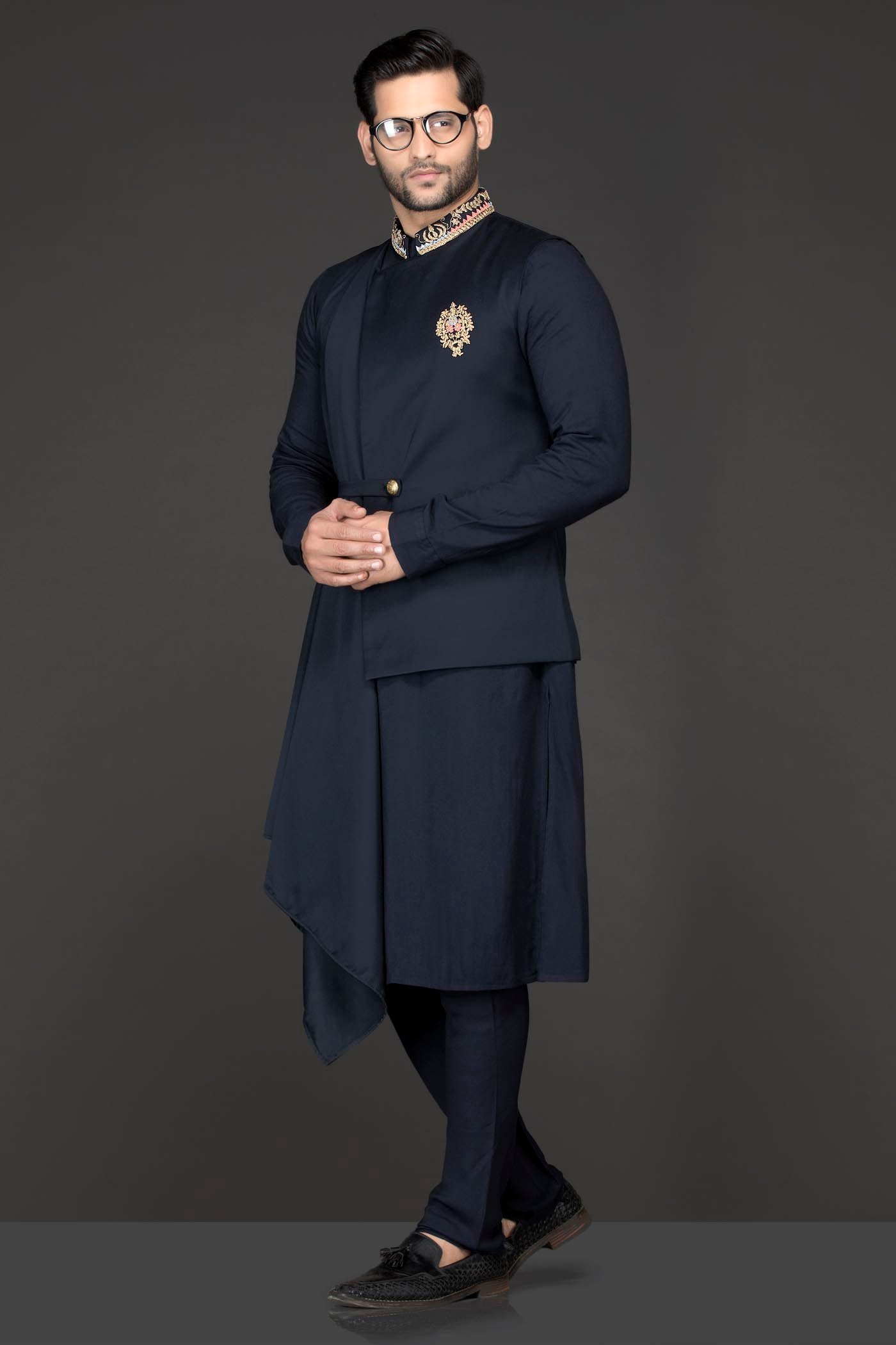Navy Blue Indowestern Kurta And Bandi With Attached Shoulder Drape Paired With Ethnic Trousers