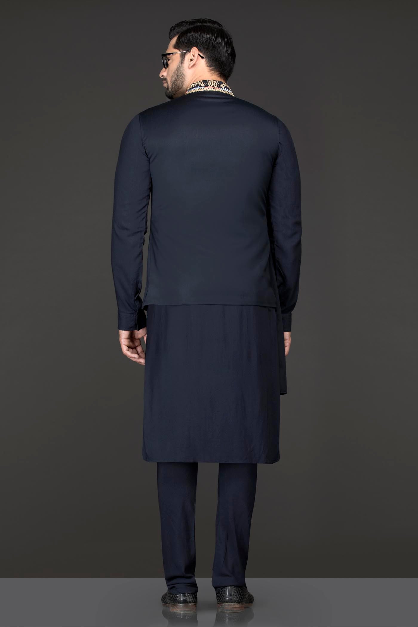 Navy Blue Indowestern Kurta And Bandi With Attached Shoulder Drape Paired With Ethnic Trousers
