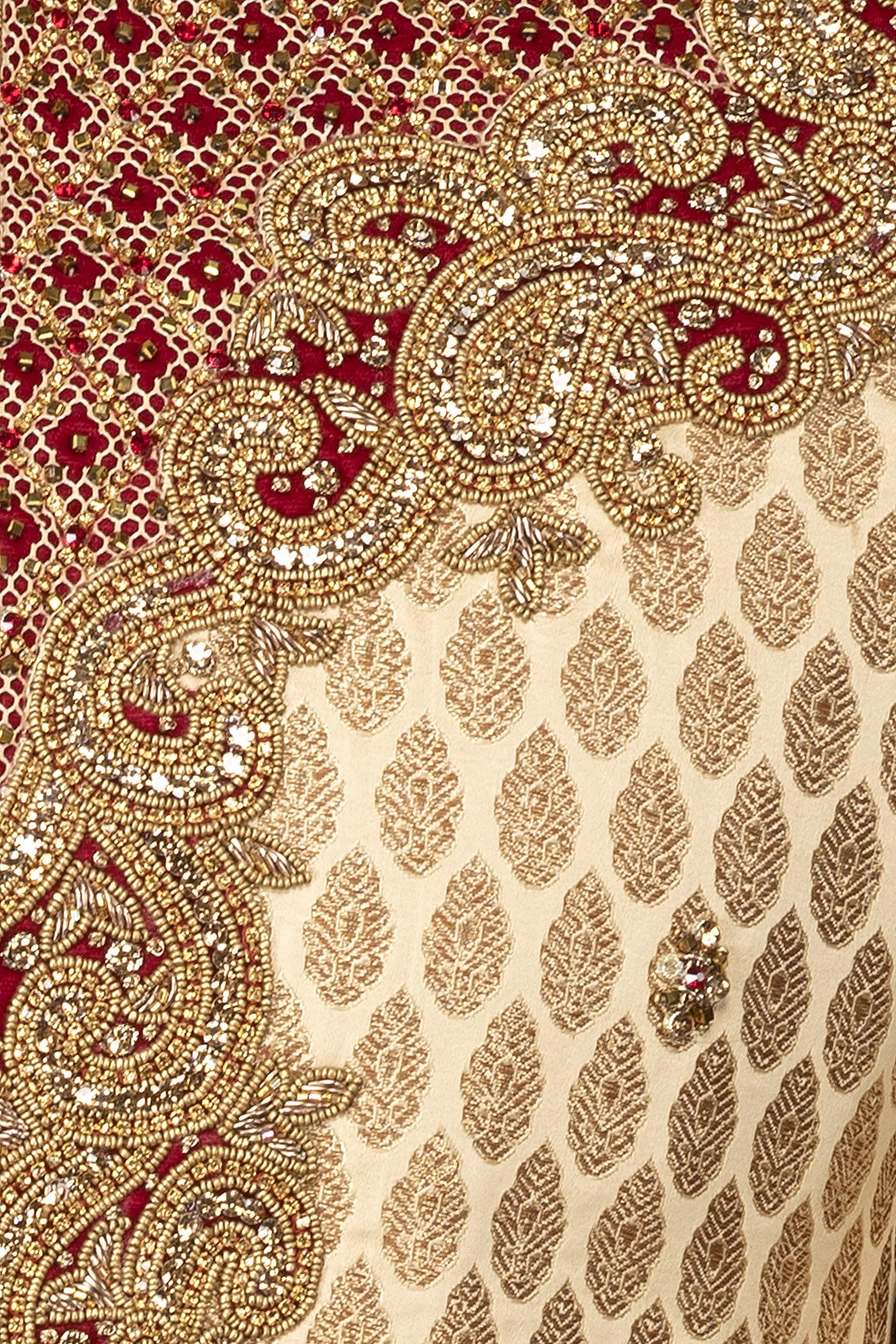 Gold Brocade Sherwani and Chuddidar with Red Velvet Patch, Dabka & Silver Stone Embroidery