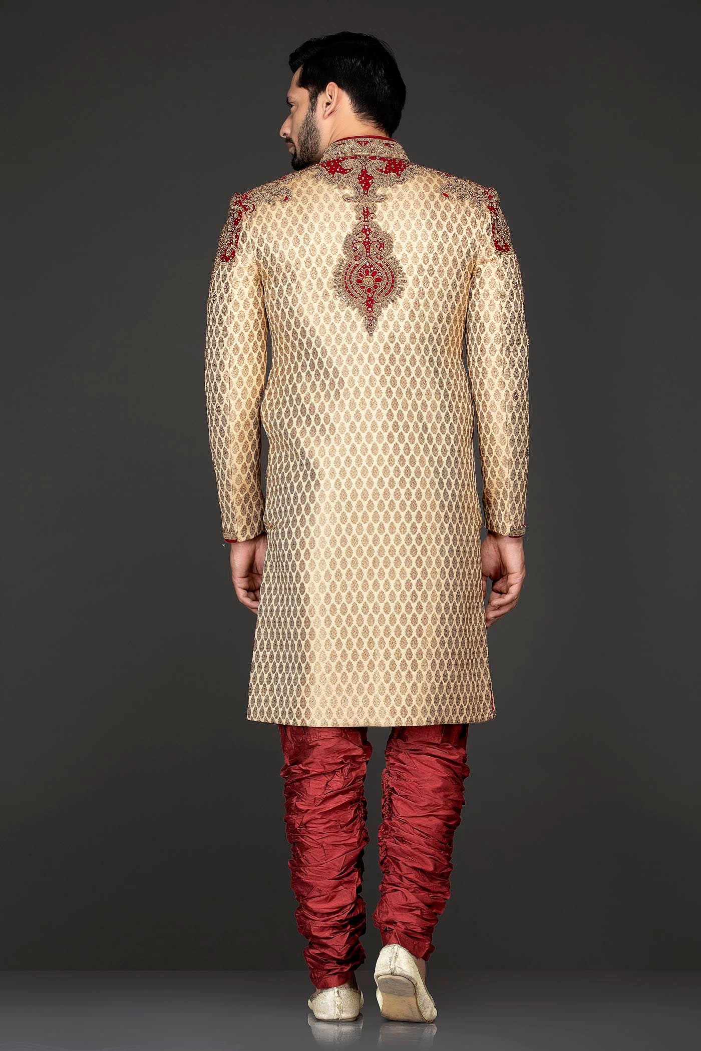 Gold Brocade Sherwani and Chuddidar with Red Velvet Patch, Dabka & Silver Stone Embroidery