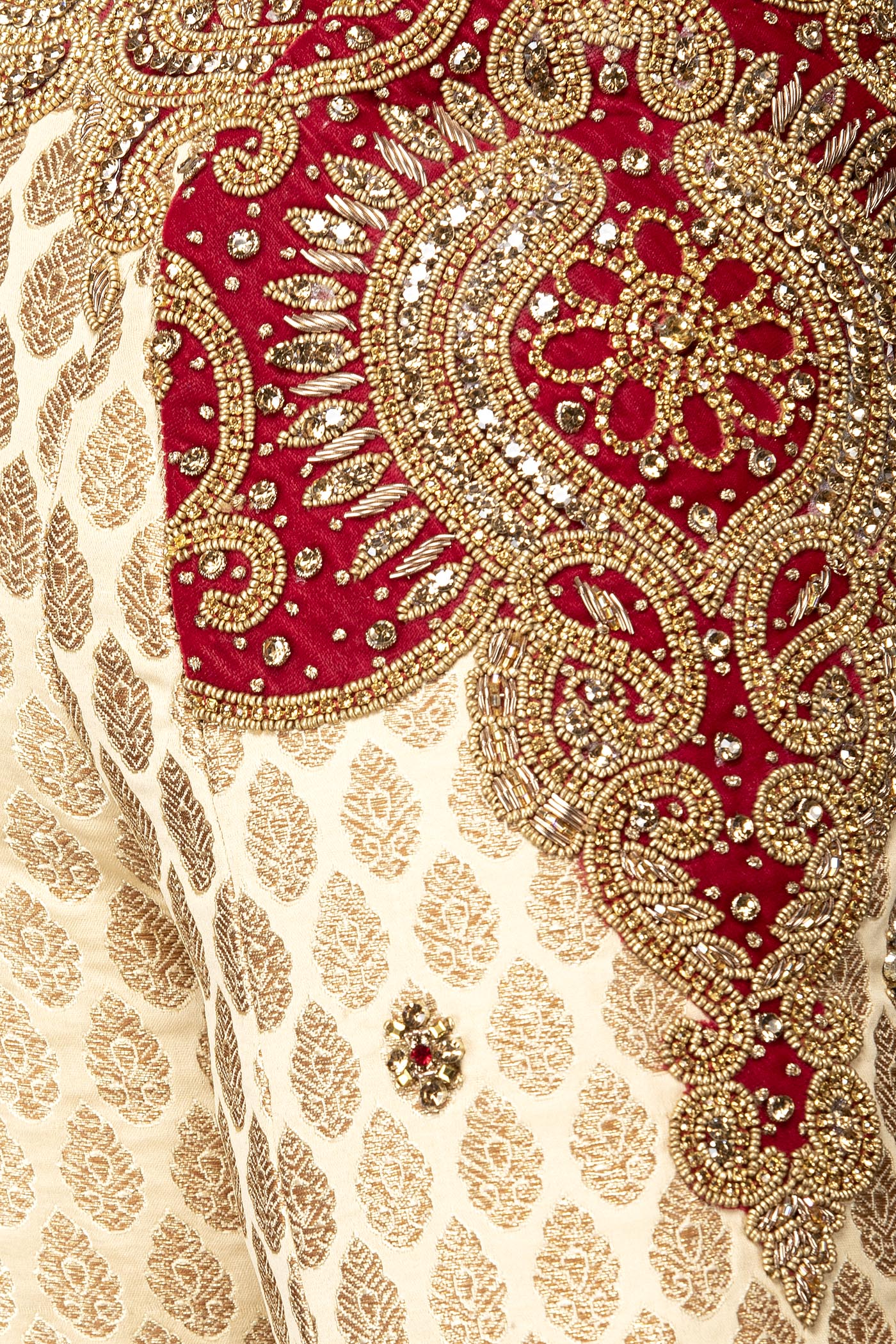 Gold Brocade Sherwani and Chuddidar with Red Velvet Patch, Dabka & Silver Stone Embroidery