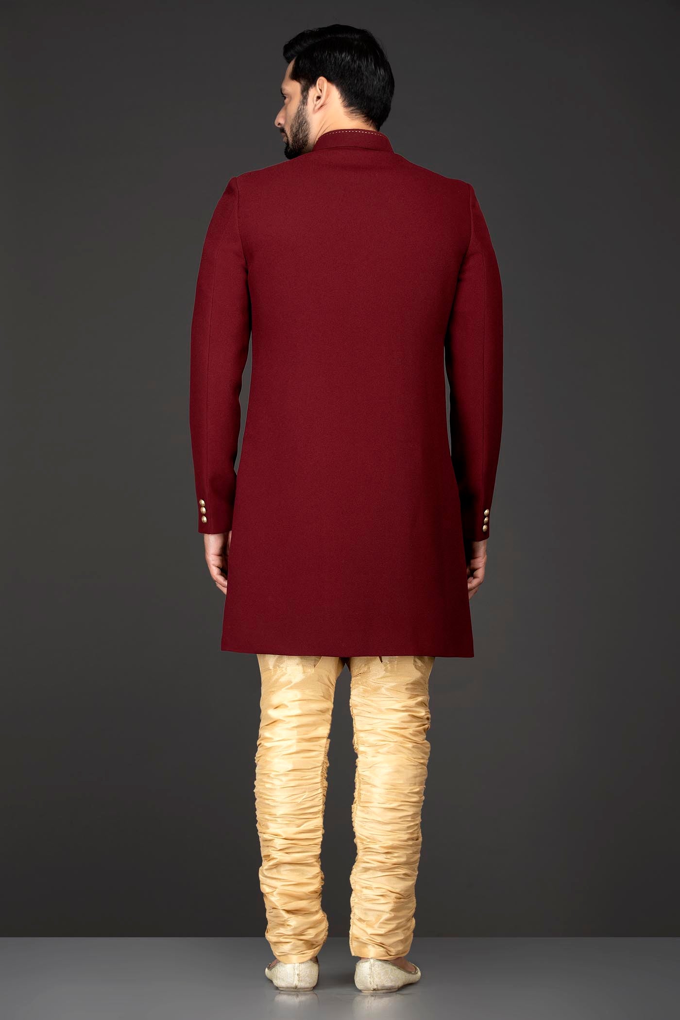 Maroon Silk Asymmetrical Sherwani Jacket With Gold Chudidar